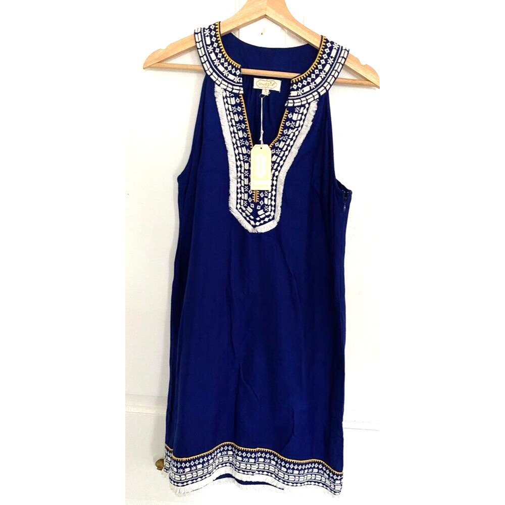Mud Pie - Blue V-neck lined summer dress/resort dress, embroidered women size S